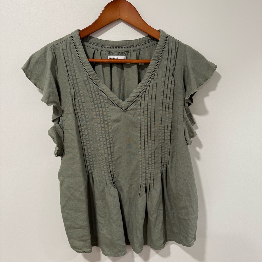 Sonoma Olive Blouse with Ruffle Sleeves